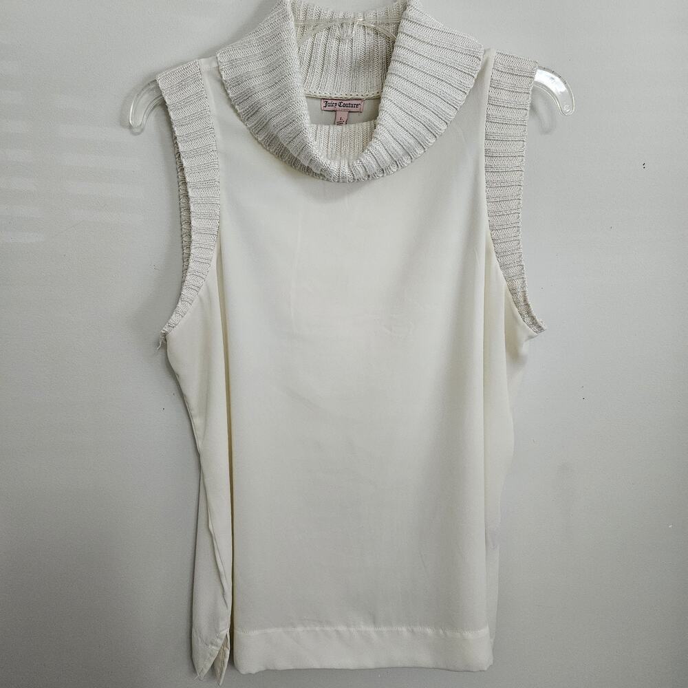 Juicy Couture Size L Ivory Sleeveless Cowl Neck Shirt Top Sweater Metallic Trim